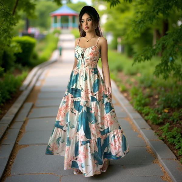 Summer Maxi Dress with Leaf Print