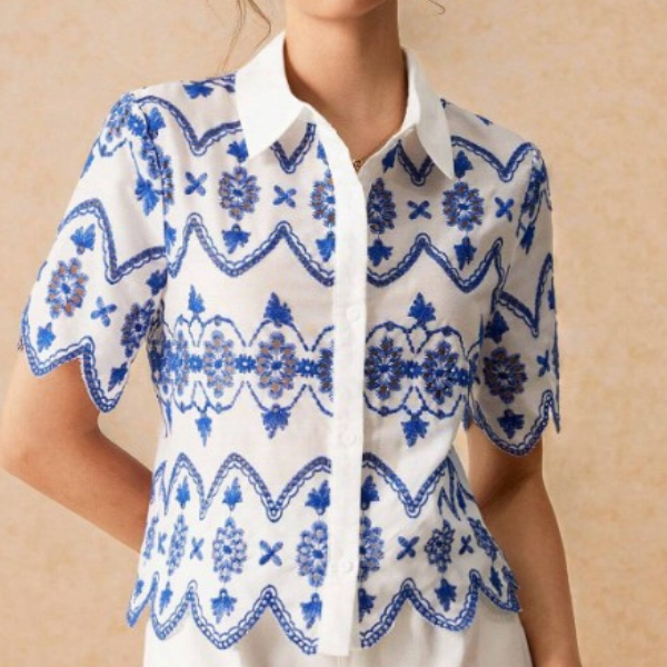 Embroidered Blue Summer Button Blouse