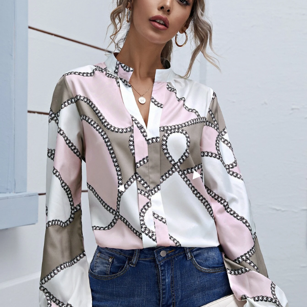 Chain Print Split Neck Peasant Sleeve Top
