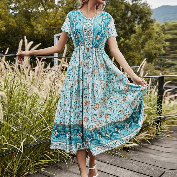 Flower Print Drawstring Waist Dress
