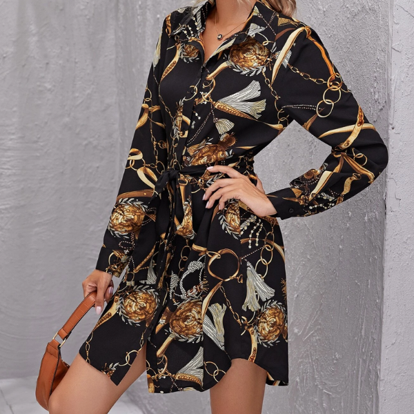 Chain Print Curved Hem Self Belted Shirt Dress - sw store