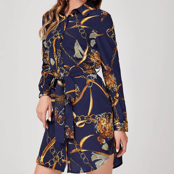 Chain Print Navy Blue Self Belted Shirt Dress - sw store