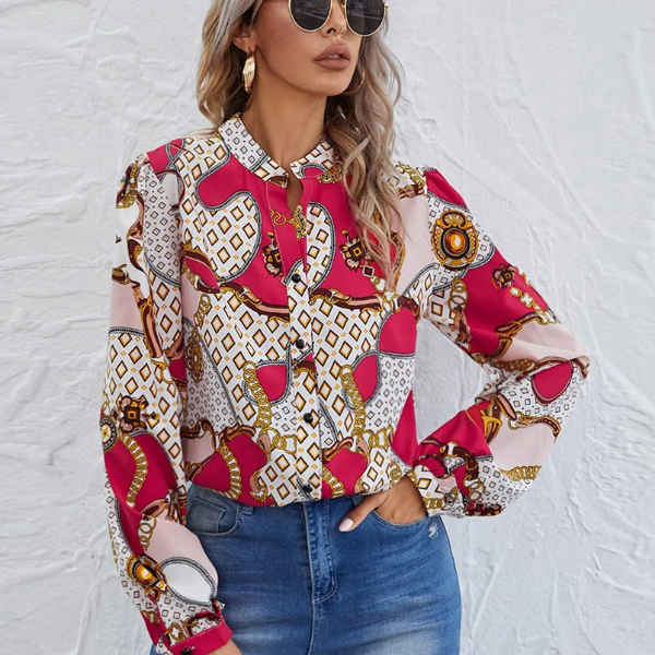 Geo And Chain Print Button Front Blouse
