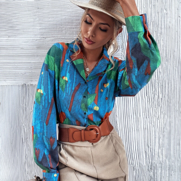 Graphic Print Lapel Neck Drop Shoulder Blouse